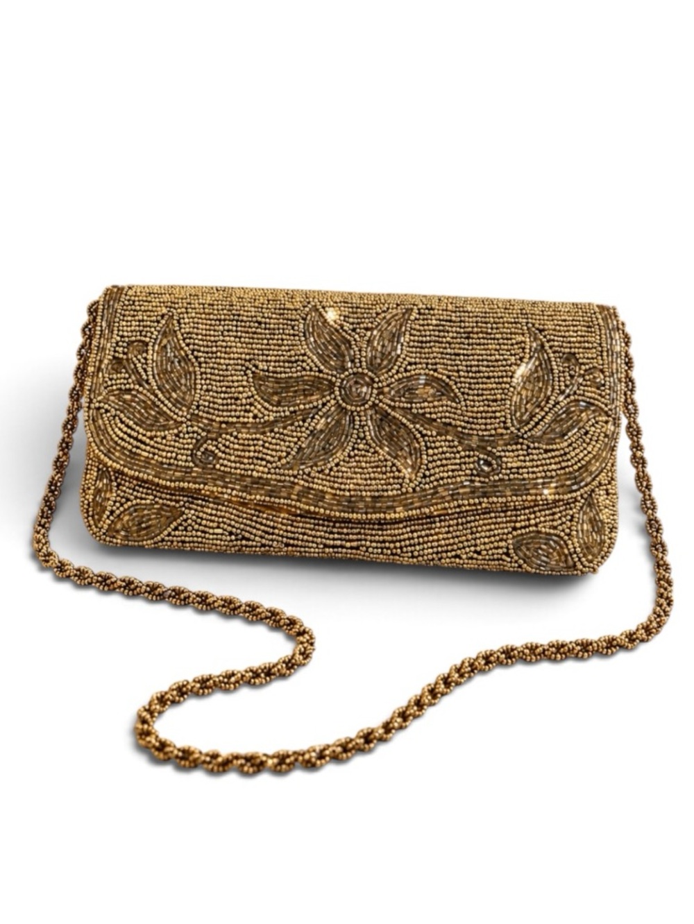Vintage Bronze Satin Hand Beaded Flap Clutch with Braided Bead Shoulder Strap